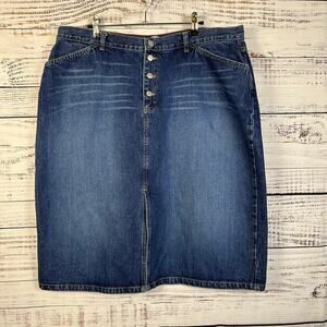 Womens Y2K Tommy Hilfiger Blue Denim Jean Knee Skirt Front Slit Button Fly Sz 16